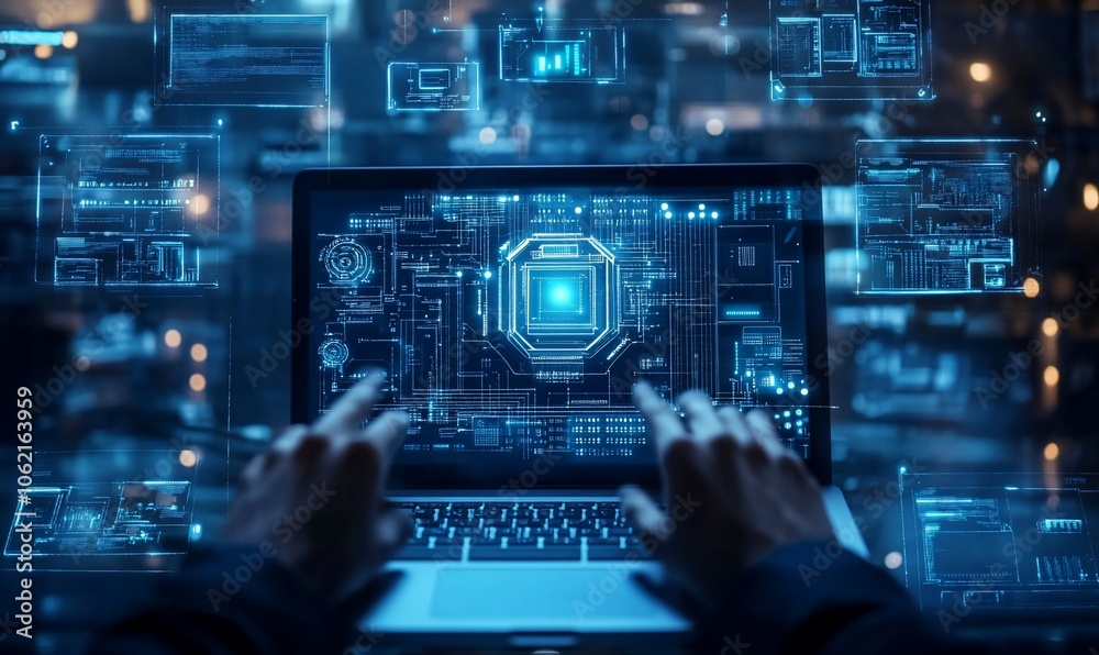 Poster A person is typing on a laptop, with holographic data surrounding the computer. The data is blue and green, representing information and code.
