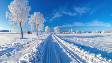 Obraz premium serene winter landscape featuring snow covered trees and clear blue sky. path leads through tranquil scene, evoking sense of peace and beauty in nature