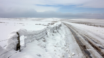 Obraz premium Snow piled up on wooden fence creates picturesque winter scene along snowy road. landscape is serene, showcasing beauty of nature in winter