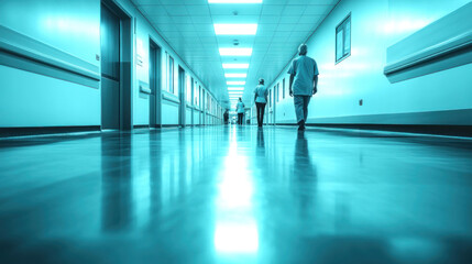Fototapeta premium hospital hallway with nurses and doctors walking briskly, busy and focused healthcare environment