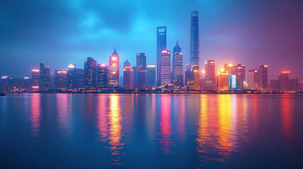 iconic city buildings with evening lights reflecting in the river, vibrant and modern city life