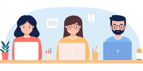 Three colleagues working together on laptops, smiling in a bright office environment.