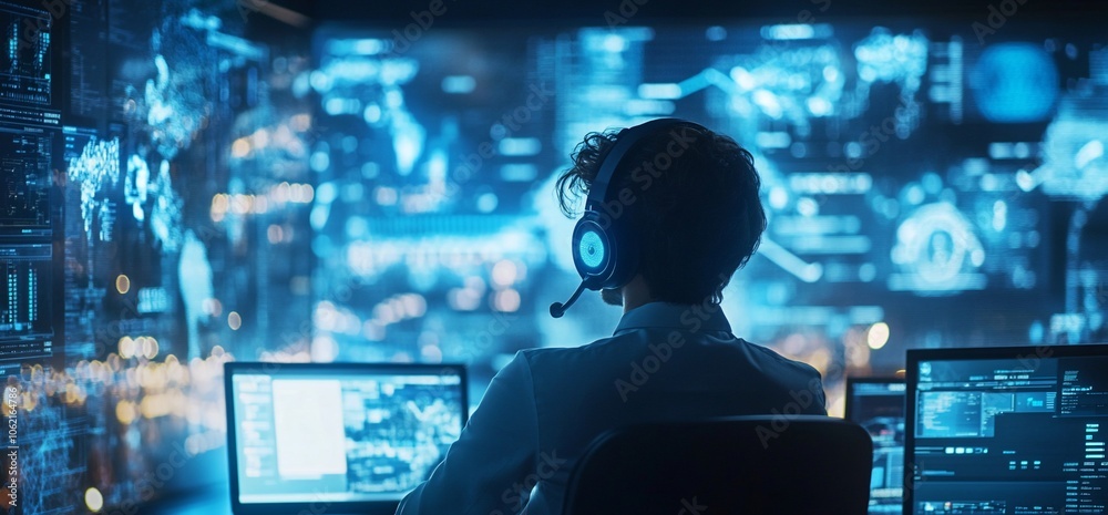 Poster A person wearing a headset sits in front of a large monitor displaying complex data visualizations, focusing intently on the screen.