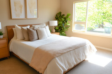 Obraz premium Cozy bedroom with natural light, neutral decor, and inviting atmosphere