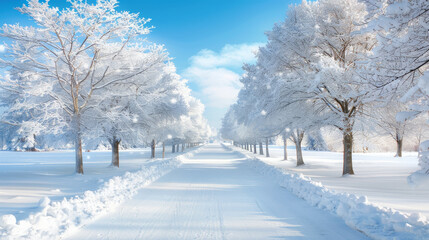 serene winter landscape featuring snow covered trees lining tranquil road, creating picturesque scene of natures beauty. bright blue sky enhances peaceful atmosphere