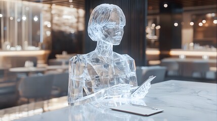 Holographic Woman Using Digital Tablet in Restaurant

