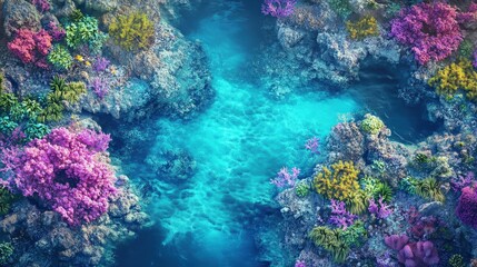 Obraz premium Aerial Close-Up of Vibrant Coral Reef in Crystal Clear Tropical Waters with Colorful Marine Flora and Rock Formations Creating a Pristine Underwater Landscape