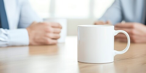 Two professionals discussing over coffee at a wooden table.