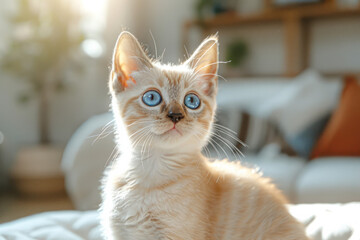 Obraz premium Fluffy kitten with striking blue eyes relaxing in a sunlit living room