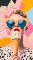  Fashionable Woman with Retro Sunglasses Eating Ice Cream: A Vibrant Pop Art Collage   © KANTIC