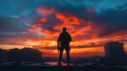 Silhouette of a soldier standing on a rooftop against a 
 sunset sky