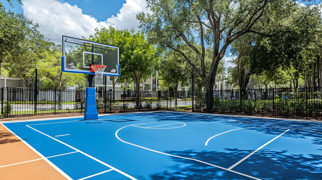 A vibrant blue basketball court surrounded by tall trees and a modern fence, offering a perfect setup for outdoor games on a sunny day