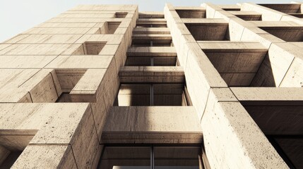 Brutalist Facade: Intricate Concrete Details with Dramatic Light and Shadow Contrast in 3D Render Illustration