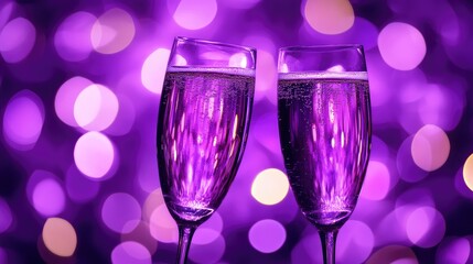 Toasting with champagne flutes, dreamy bokeh lights in purple and gold behind, perfect for marking a special moment.