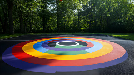 Circular-patterned basketball court with a colorful concentric design, surrounded by lush greenery.
