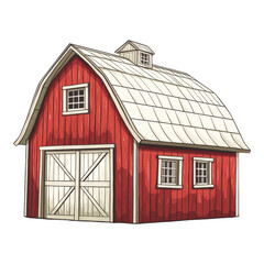 A vibrant red barn with a classic gabled roof, featuring windows and double doors, set against a black background.