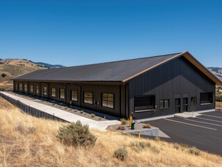 Obraz premium Modern Industrial Building Stands Amongst Rolling Hills in Clear Blue Skies