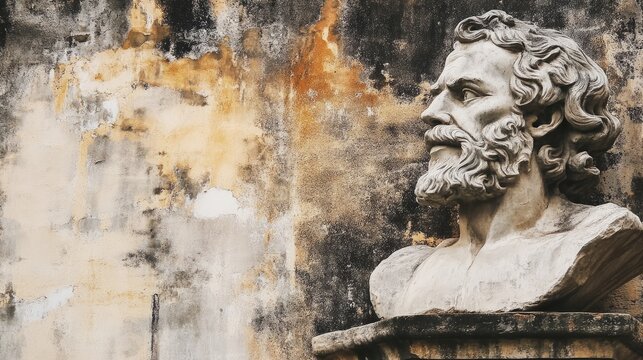 A weathered stone bust of a bearded man with a pensive expression, set against a textured, aged wall. for philosophy quotes, copy space - Powered by Adobe