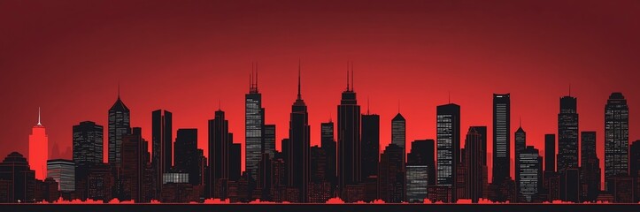 Fototapeta premium cityscape silhouette north american themed banner with red backdrop. light blinds background