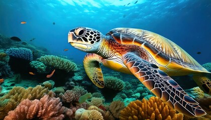 Obraz premium A mesmerizing underwater scene featuring a vibrant sea turtle swimming among colorful coral and lively fish.