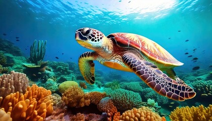 Obraz premium A mesmerizing underwater scene featuring a vibrant sea turtle swimming among colorful coral and lively fish.