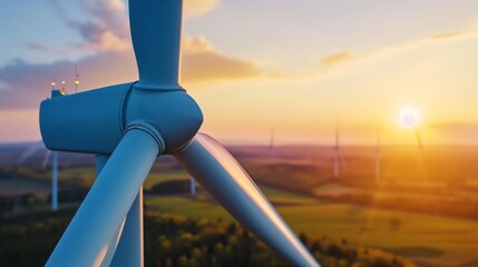 A close-up view of a wind turbine during sunset, showcasing renewable energy technology in a picturesque rural landscape. Highlighting sustainability and the beauty of modern energy solutions.