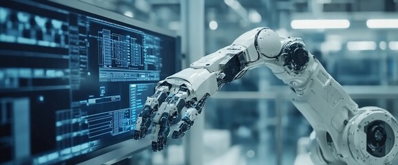 A robotic arm interacts with a computer screen in a modern factory setting, showcasing advancements in automation and technology.