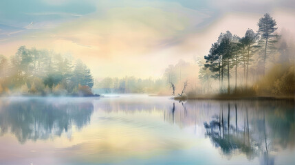 Fototapeta premium Foggy morning over the lake, pastel shades 