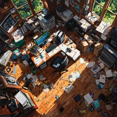 Creative Workspace Showcases Cluttered Organization and Productive Chaos in a Home Office Environment