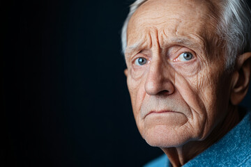 Fototapeta premium Elderly man with thoughtful expression gazes into the distance indoors