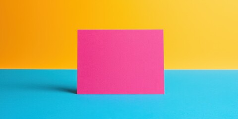 Colorful blank pink card on a vibrant blue and yellow background.
