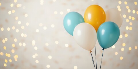 Colorful balloons against a soft, blurred background of festive lights.
