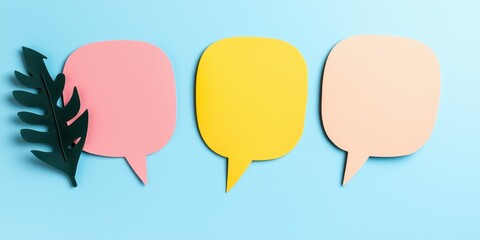 Colorful speech bubbles on a blue background with a leaf accent.