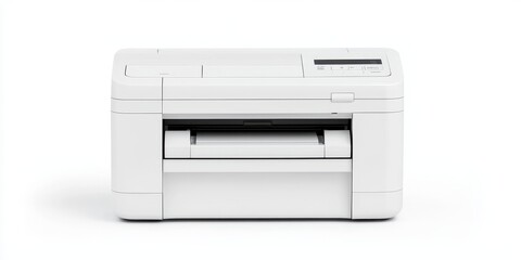 Obraz premium Compact white printer with an open drawer, isolated on a white background.