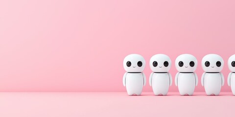 Obraz premium Cute simple robots standing in a row on a pink background.