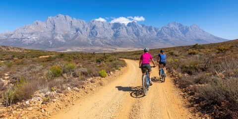 Obraz premium Cyclists riding on a dirt road with mountains in the background.