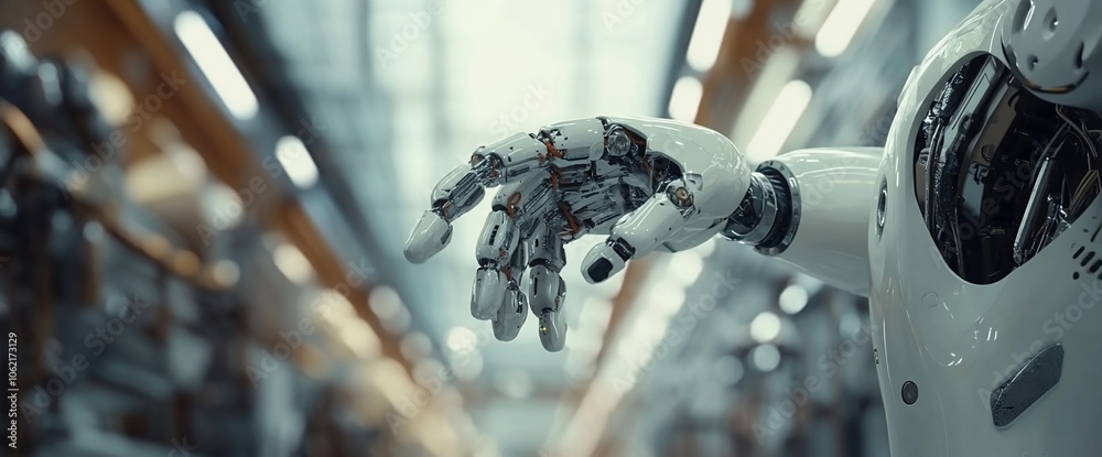 Poster a robotic hand reaches out in a factory setting, showcasing advanced technology and automation.