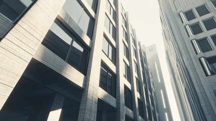 Obraz premium Futuristic Urban Vibe: 3D Render of Brutalist Commercial Building with Bold Structure, Large Windows, and Busy Street Life Energy