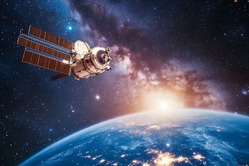 A spacecraft orbits Earth against a backdrop of stars, capturing the vastness of space at sunrise