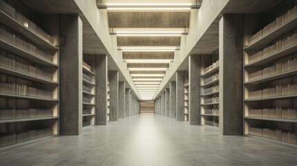 Obraz premium Ultra-Detailed 3D Render of Brutalist University Library with Concrete Shelves and Students Studying in Minimalist Environment
