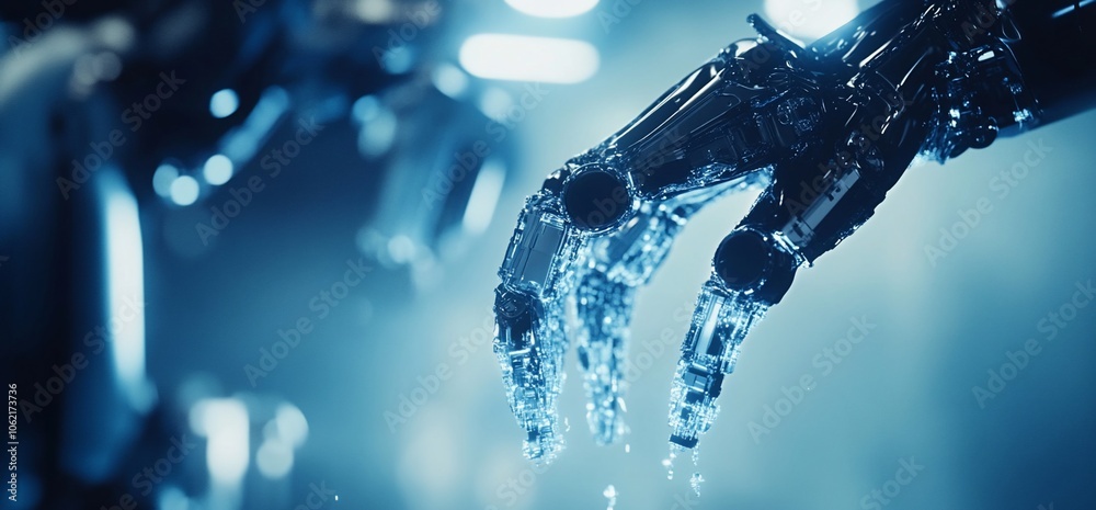 Aufkleber a robotic hand with metallic fingers dripping with water in a blue and white background.