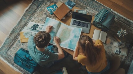 Couple Planning a Trip on the Floor

