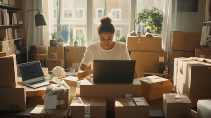 Woman Working with Packages in Home Office

