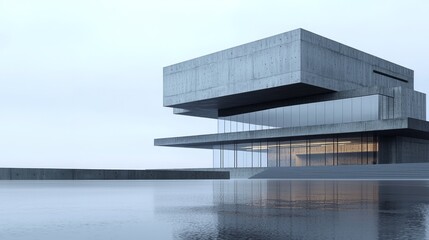 Fototapeta premium Futuristic Fusion: 3D Render Illustration of Brutalist Architecture Reflected in Glass Building, Harmonizing Raw Concrete and Modern Design