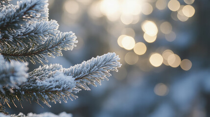 Frosted pine tree branch glistening in the sunlight during winter