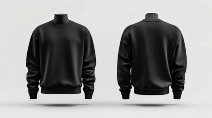 Front and back view of a black blank sweatshirt on a white background with an invisible mannequin template, mockup