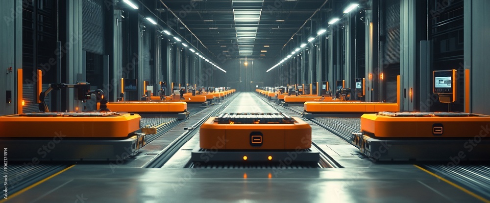 Poster a row of automated guided vehicles (agvs) moving along a track in a modern warehouse.