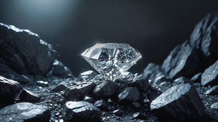 Diamond crystal sparkling on black rocks background of diamond mining site. Precious gemstones, mineralogy and hidden treasure concept