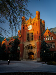 Sunrise on university admin building made of bricks