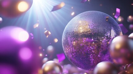 Disco ball surrounded by colorful lights and shimmering mirror balls creating a vibrant celebration atmosphere in a dark nightclub